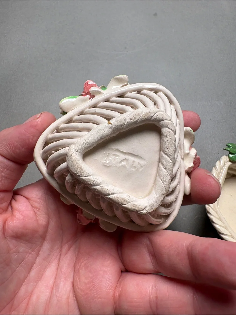 Cottagecore Handmade Italy Ceramic Rose Basket Pair Ring Dish Trinket Dish